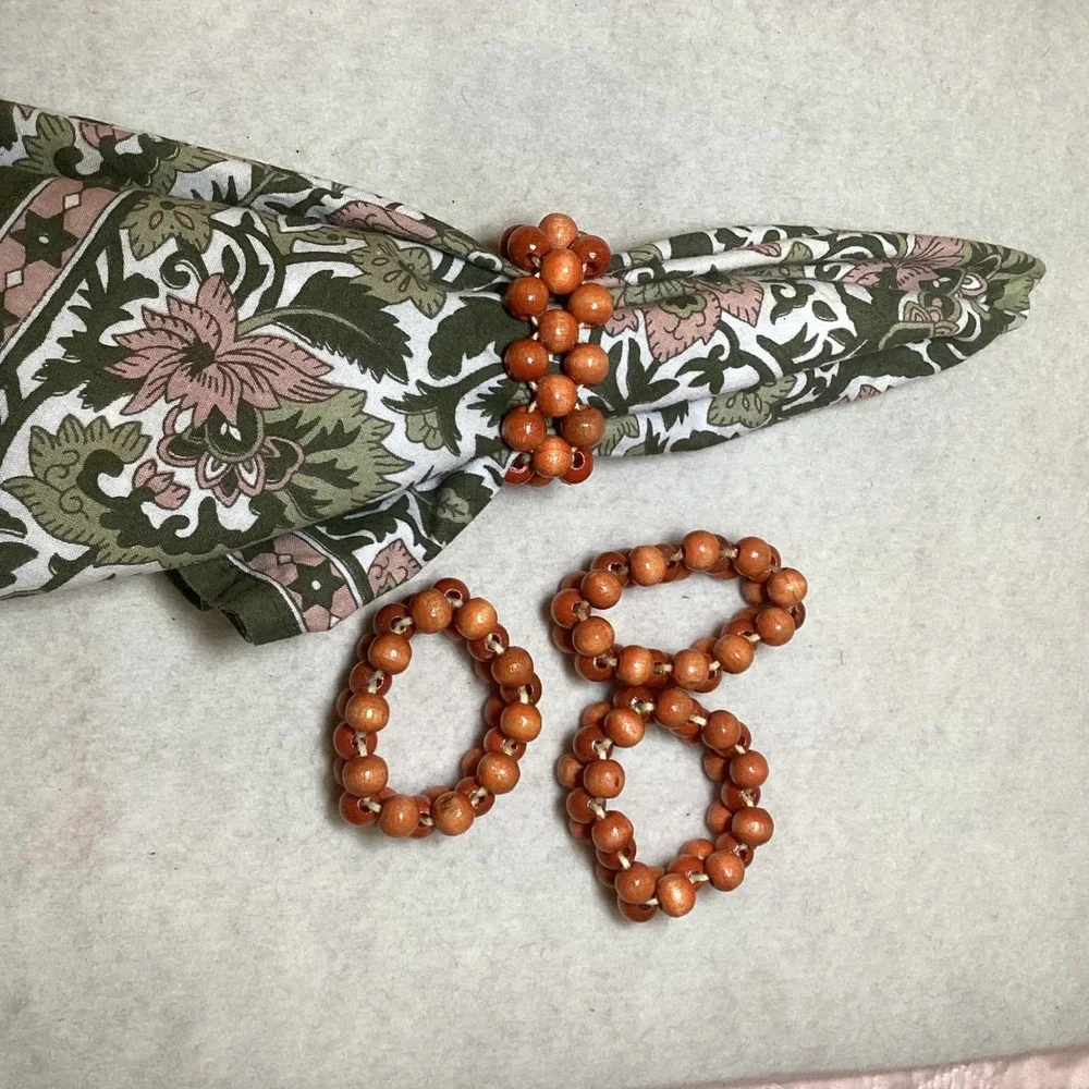 Vintage Set of 4 Beaded Wood Napkin Rings Brown Boho Rustic Table Decor